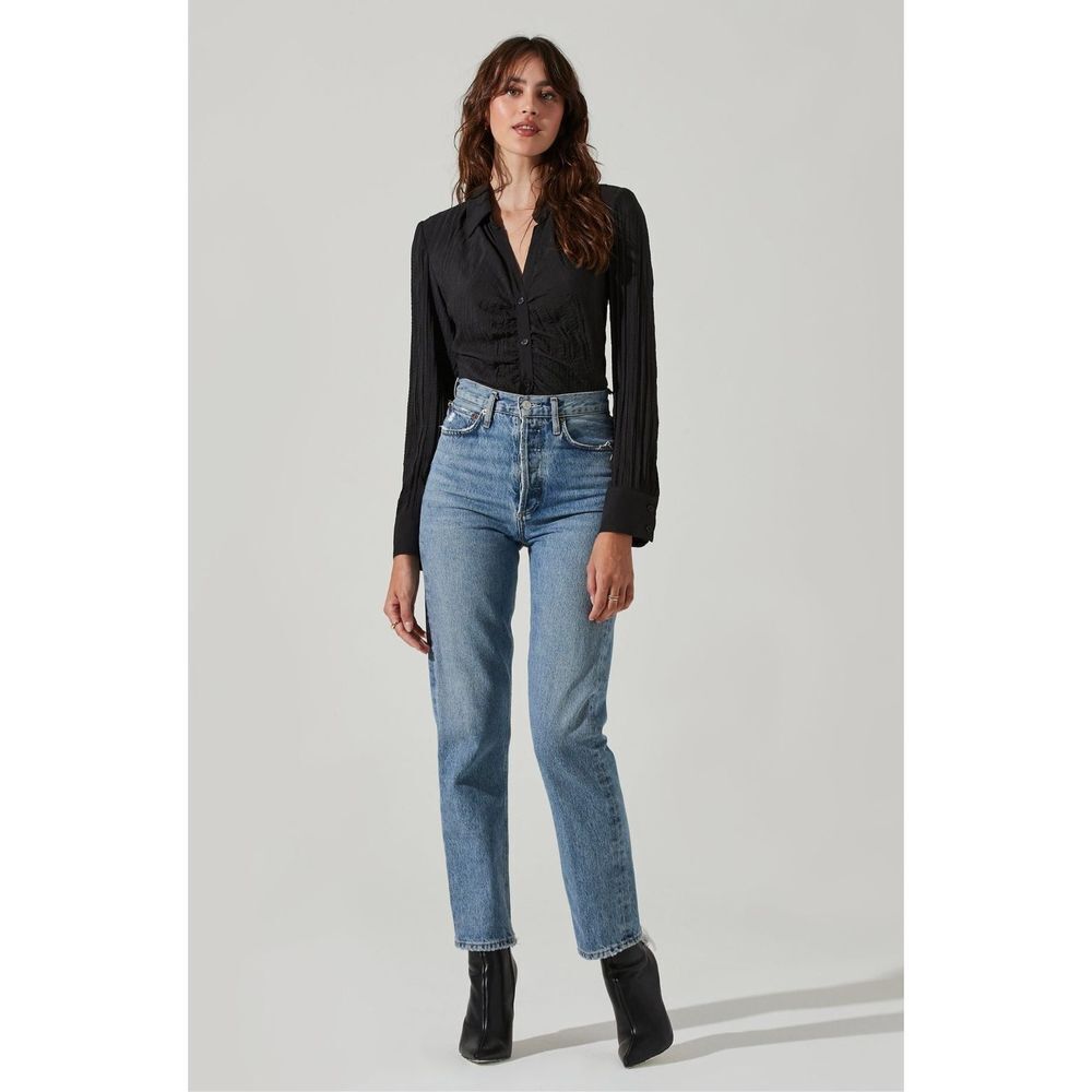 ASTR The Label Women's Black Textured Ruched Button Up Top Size XS NWT